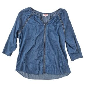 Hester & Orchard Womens Blue Chambray Embroidered Split Neck Blouse Top Size M
